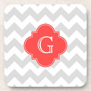Lt Grey Wht Chevron Coral Red Quatrefoil Monogram Coaster