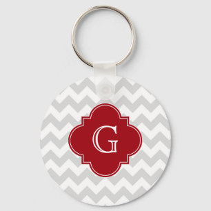 Lt Grey Wht Chevron Cranberry Quatrefoil Monogram Key Ring