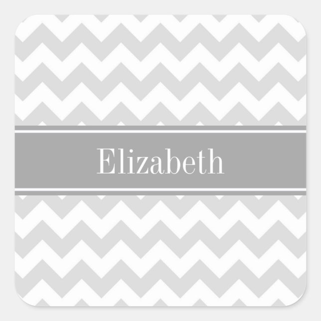 Lt Grey Wht Chevron Grey Name Monogram Square Sticker (Front)