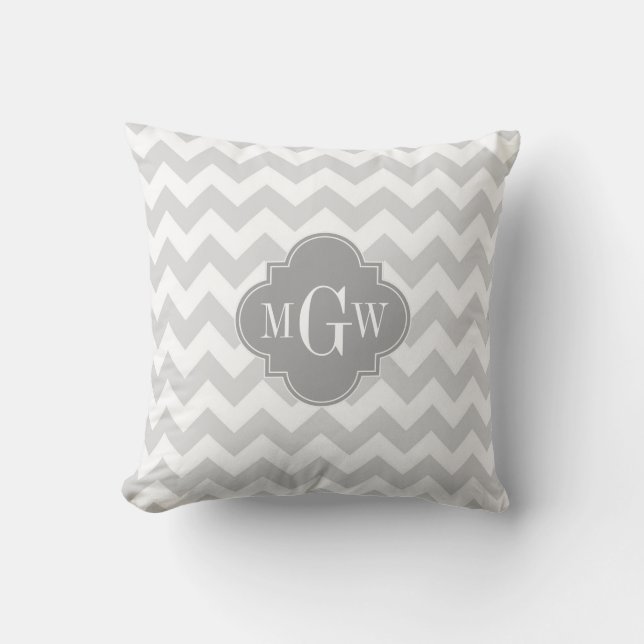 Lt Grey Wht Chevron Grey Quatrefoil 3 Monogram Cushion (Front)