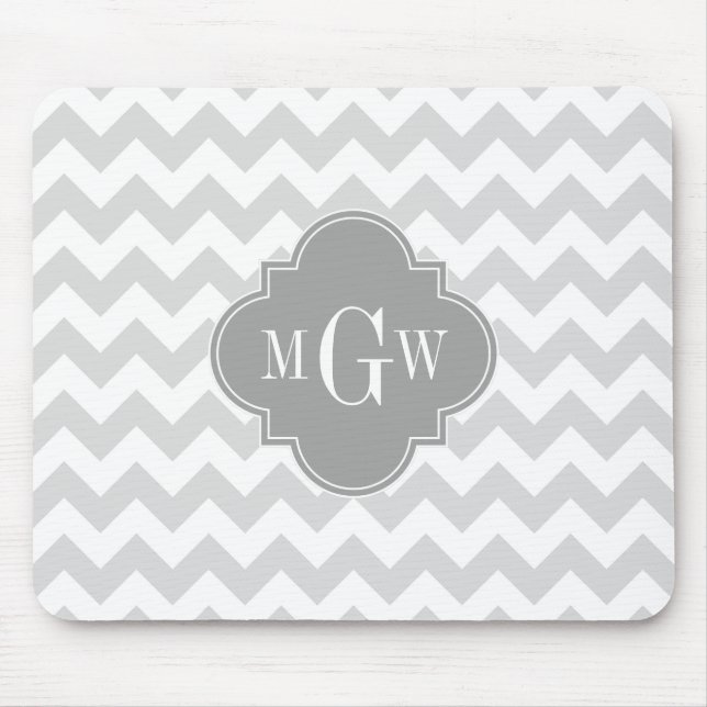 Lt Grey Wht Chevron Grey Quatrefoil 3 Monogram Mouse Mat (Front)