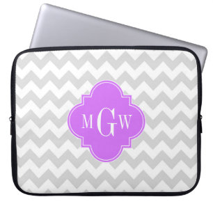 Lt Grey Wht Chevron Lilac Quatrefoil 3 Monogram Laptop Sleeve