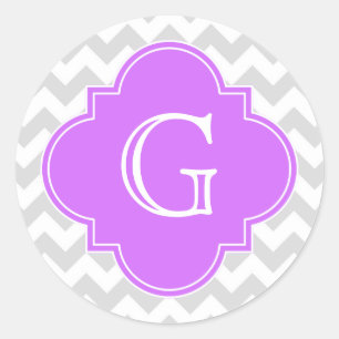 Lt Grey Wht Chevron Lilac Quatrefoil Monogram Classic Round Sticker