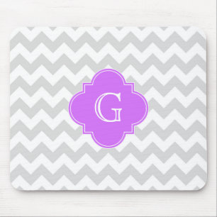 Lt Grey Wht Chevron Lilac Quatrefoil Monogram Mouse Mat