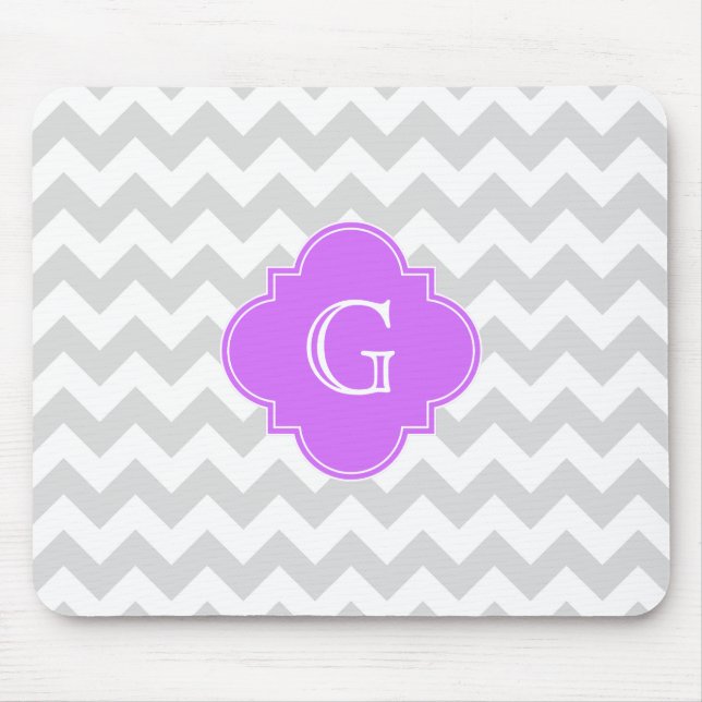 Lt Grey Wht Chevron Lilac Quatrefoil Monogram Mouse Mat (Front)