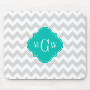 Lt Grey Wht Chevron Teal Quatrefoil 3 Monogram Mouse Mat