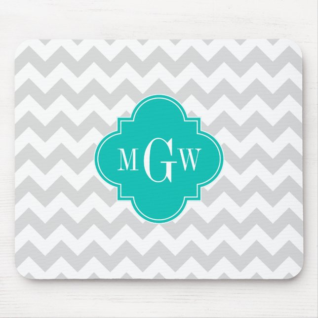 Lt Grey Wht Chevron Teal Quatrefoil 3 Monogram Mouse Mat (Front)