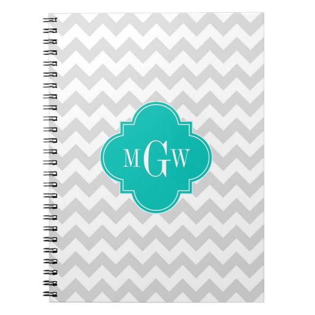 Lt Grey Wht Chevron Teal Quatrefoil 3 Monogram Notebook (Front)