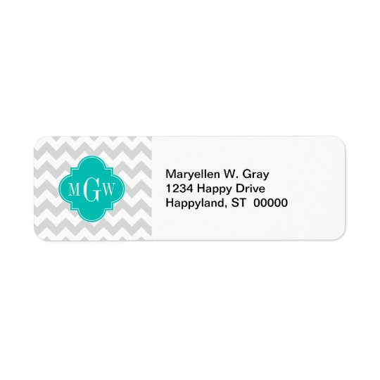Lt Grey Wht Chevron Teal Quatrefoil 3 Monogram Return Address Label