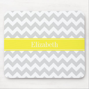 Lt Grey Wht Chevron Yellow Name Monogram Mouse Mat