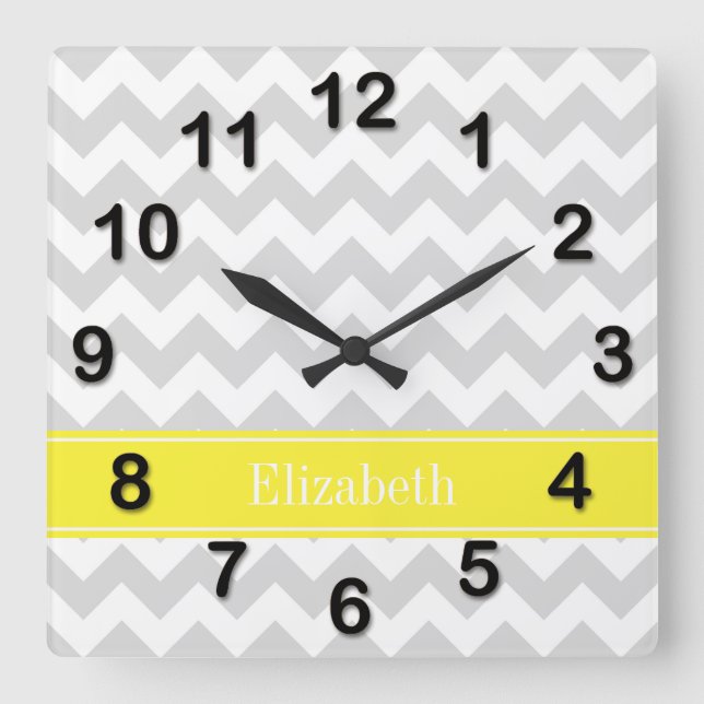 Lt Grey Wht Chevron Yellow Name Monogram Square Wall Clock (Front)