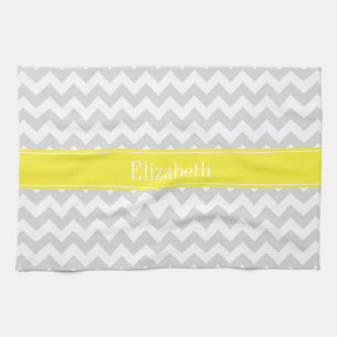 Lt Grey Wht Chevron Yellow Name Monogram Tea Towel