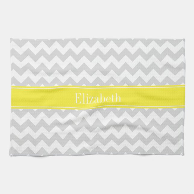 Lt Grey Wht Chevron Yellow Name Monogram Tea Towel (Horizontal)