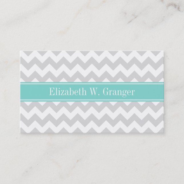 Lt Grey Wht Chevron ZigZag Aqua Name Monogram Business Card (Front)