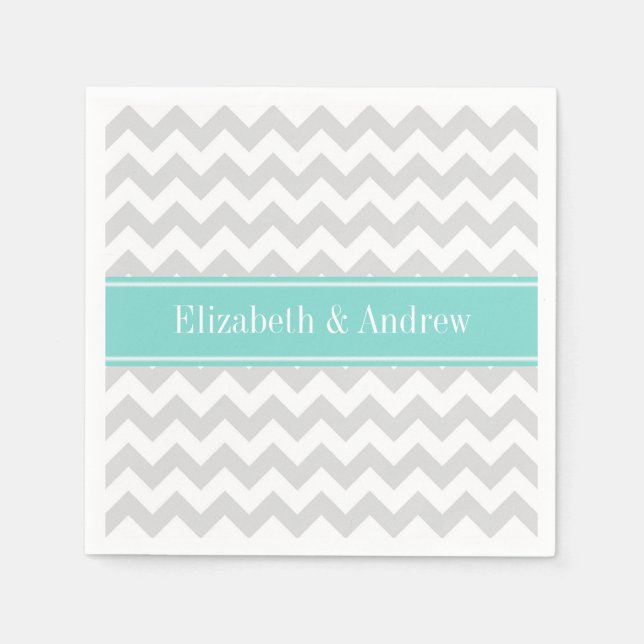 Lt Grey Wht Chevron ZigZag Aqua Name Monogram Napkin (Front)