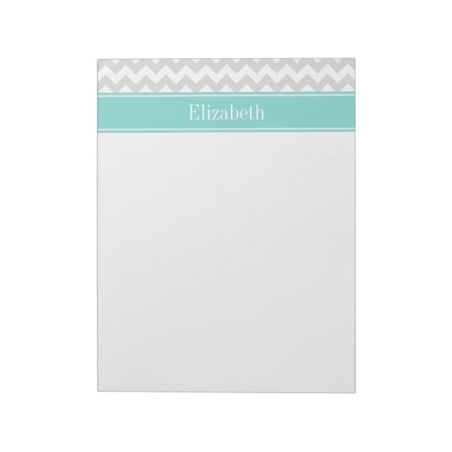 Lt Grey Wht Chevron ZigZag Aqua Name Monogram Notepad (Rotated)
