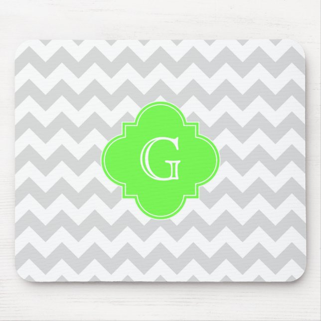 Lt Grey Wht Chevron ZigZag Lime Quatrefoil Monogra Mouse Mat (Front)