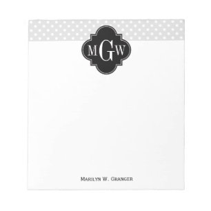 Lt Grey Wht Polka Dots Black Quatrefoil 3 Monogram Notepad