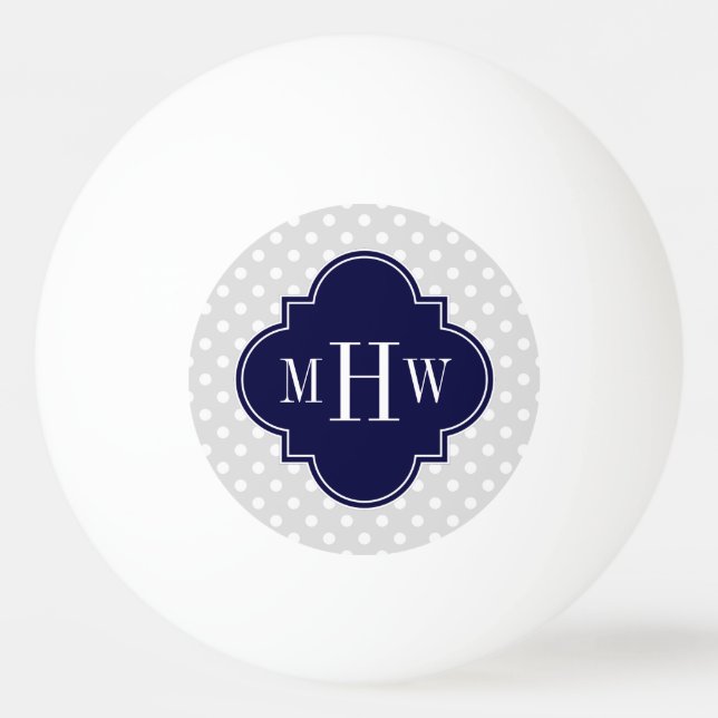 Lt Grey Wht Polka Dots Navy Quatrefoil 3 Monogram Ping Pong Ball (Front)