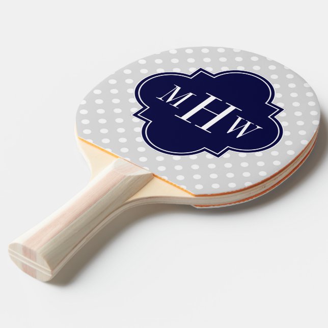 Lt Grey Wht Polka Dots Navy Quatrefoil 3 Monogram Ping Pong Paddle (Front Angle)
