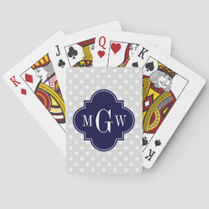 Lt Grey Wht Polka Dots Navy Quatrefoil 3 Monogram Playing Cards