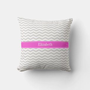 Lt Grey Wht Thin Chevron Hot Pink Name Monogram Cushion