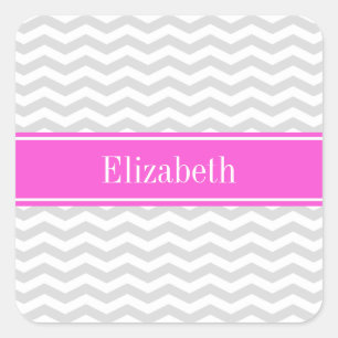 Lt Grey Wht Thin Chevron Hot Pink Name Monogram Square Sticker