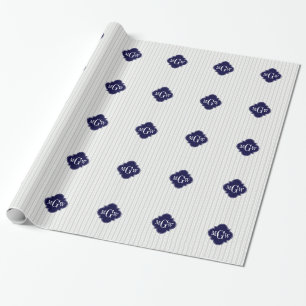 Lt Grey Wht UE Stripe Navy Quatrefoil 3 Monogram Wrapping Paper