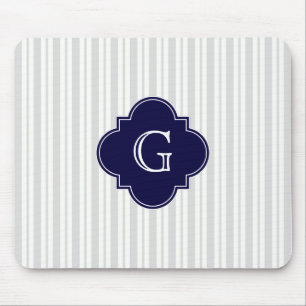Lt Grey Wht Uneven Stripe Navy Quatrefoil Monogram Mouse Mat