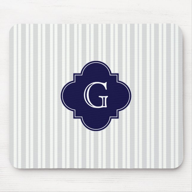 Lt Grey Wht Uneven Stripe Navy Quatrefoil Monogram Mouse Mat (Front)