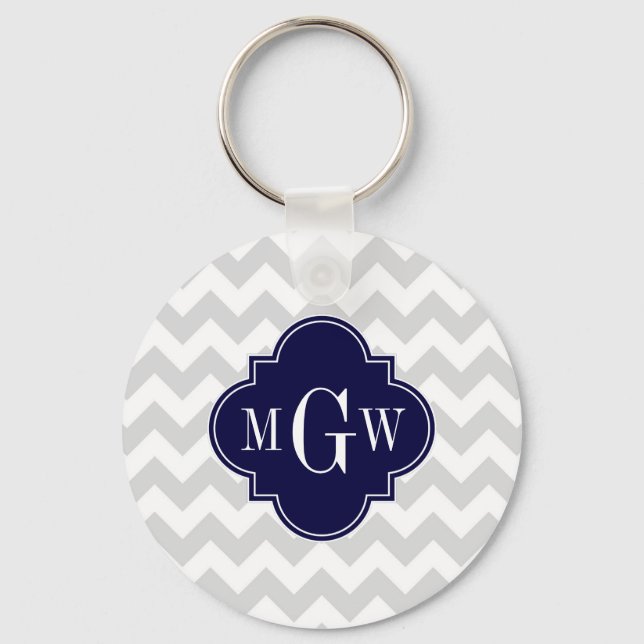 Lt Grey Wt Chevron Navy Blue Quatrefoil 3 Monogram Key Ring (Front)