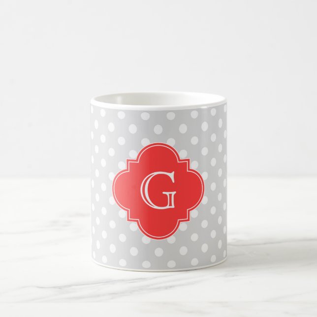 Lt Grey Wt Polka Dot Coral Red Quatrefoil Monogram Coffee Mug (Center)