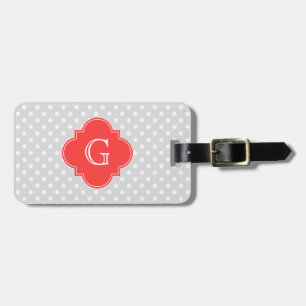 Lt Grey Wt Polka Dot Coral Red Quatrefoil Monogram Luggage Tag