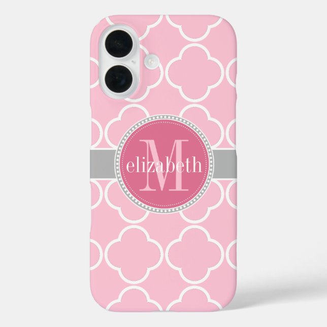 Lt Rose Pink | Grey Quatrefoil Clover Monogram Case-Mate iPhone Case (Back)