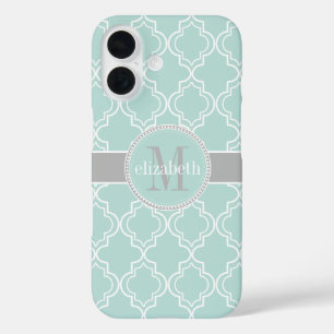 Lt Teal Grey White Moroccan Quatrefoil Monogram iPhone 16 Case