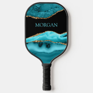 Lt Teal Name on Black, Gold & Teal Agate Pickleball Paddle