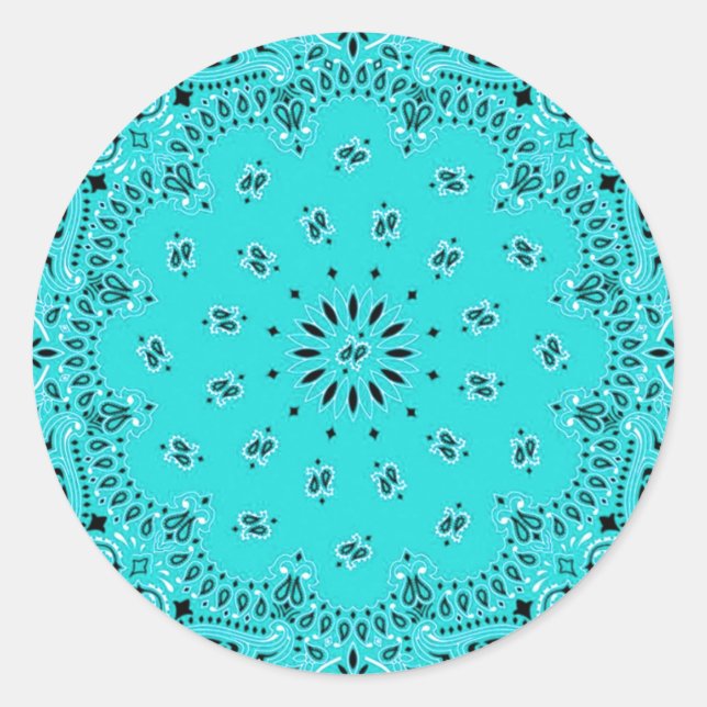 Lt Turquoise Paisley Western Bandanna Scarf Print Classic Round Sticker (Front)