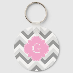 Lt Two Grey White Chevron Pink Quatrefoil Monogram Key Ring