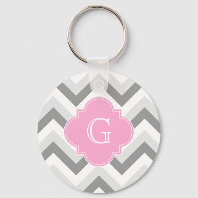 Lt Two Grey White Chevron Pink Quatrefoil Monogram Key Ring (Front)