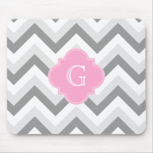 Lt Two Grey White Chevron Pink Quatrefoil Monogram Mouse Mat