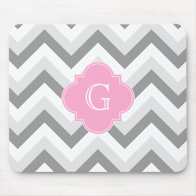 Lt Two Grey White Chevron Pink Quatrefoil Monogram Mouse Mat (Front)