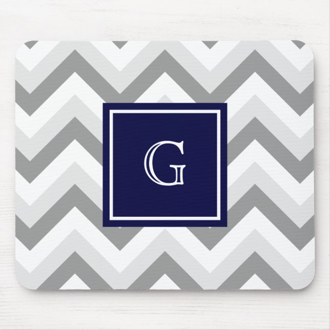 Lt Two Grey White Chevron SQ Navy Monogram Mouse Mat (Front)