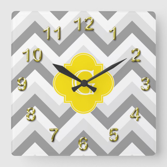 Lt Two Grey White Chevron Yellow Monogram Square Wall Clock (Front)