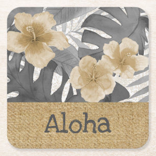 Luana Watercolor Tropical Floral Grey Beverage Coa Square Paper Coaster