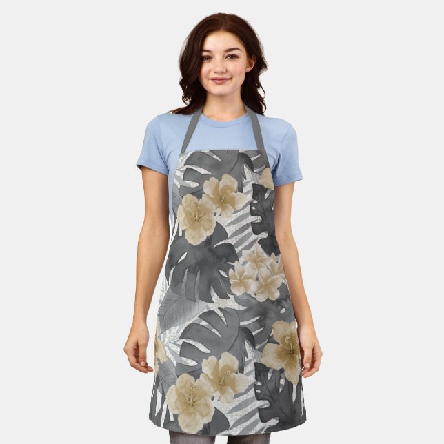 Luana Watercolor Tropical Grey Floral Apron (Worn)