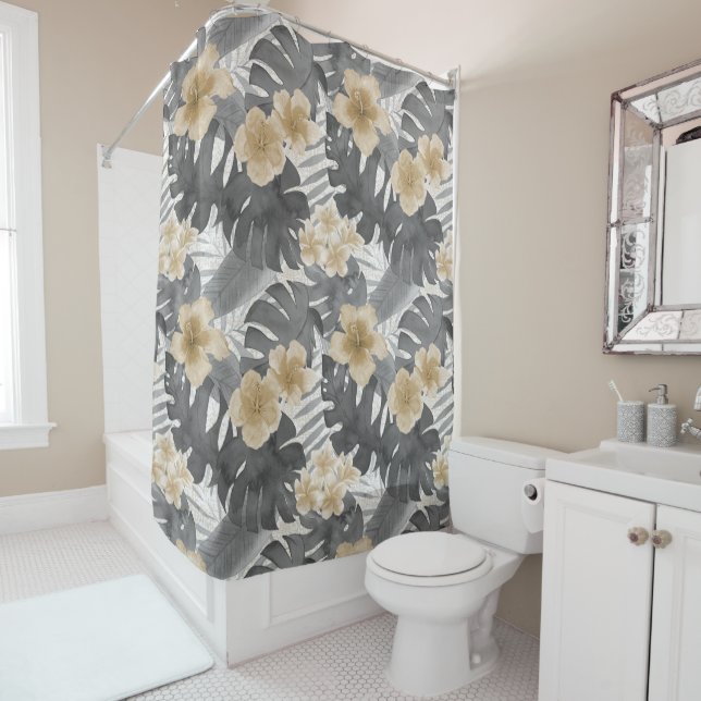 Luana Watercolor Tropical Neutral Floral  Shower Curtain (In Situ)