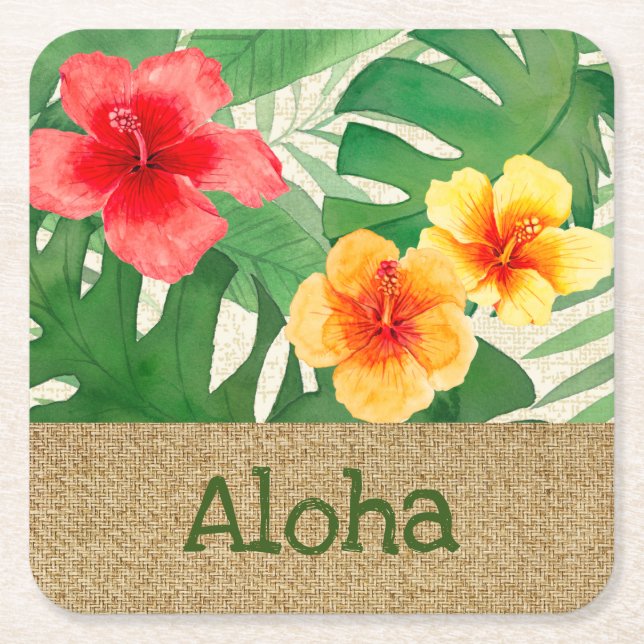 Luana Watercolor Tropical Vivid Floral Square Paper Coaster (Front)