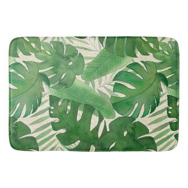 Luana Watercolor Tropical Vivid Green Leaves Bath Mat (Front)