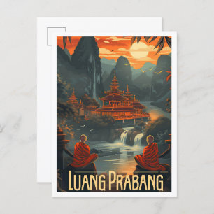 Luang Prabang Laos Vintage Art Travel Illustration Postcard