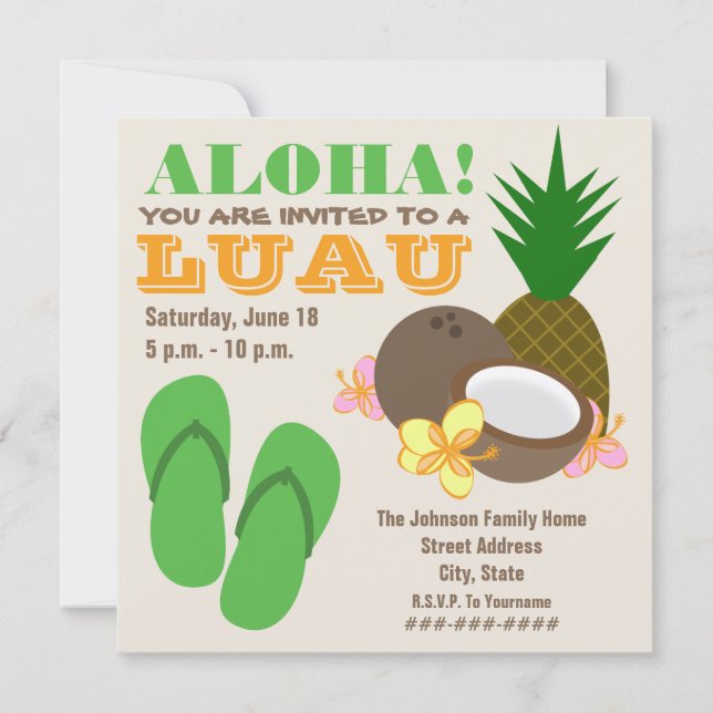 Luau Aloha - Pineapple Flip Flops Coconut Hibiscus Invitation (Front)